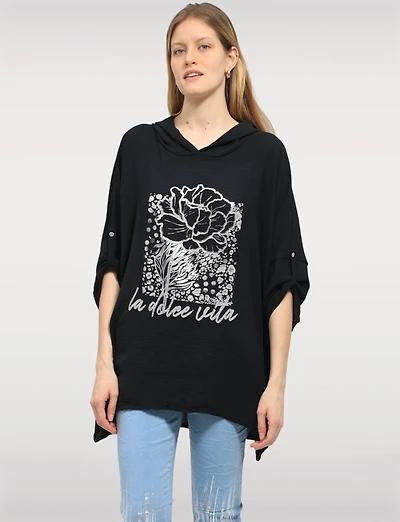 Flowy Hooded Floral Print High-Low Top with Roll-Up 3/4 Sleeves by Froccella