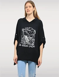 Flowy Hooded Floral Print High-Low Top with Roll-Up 3/4 Sleeves by Froccella