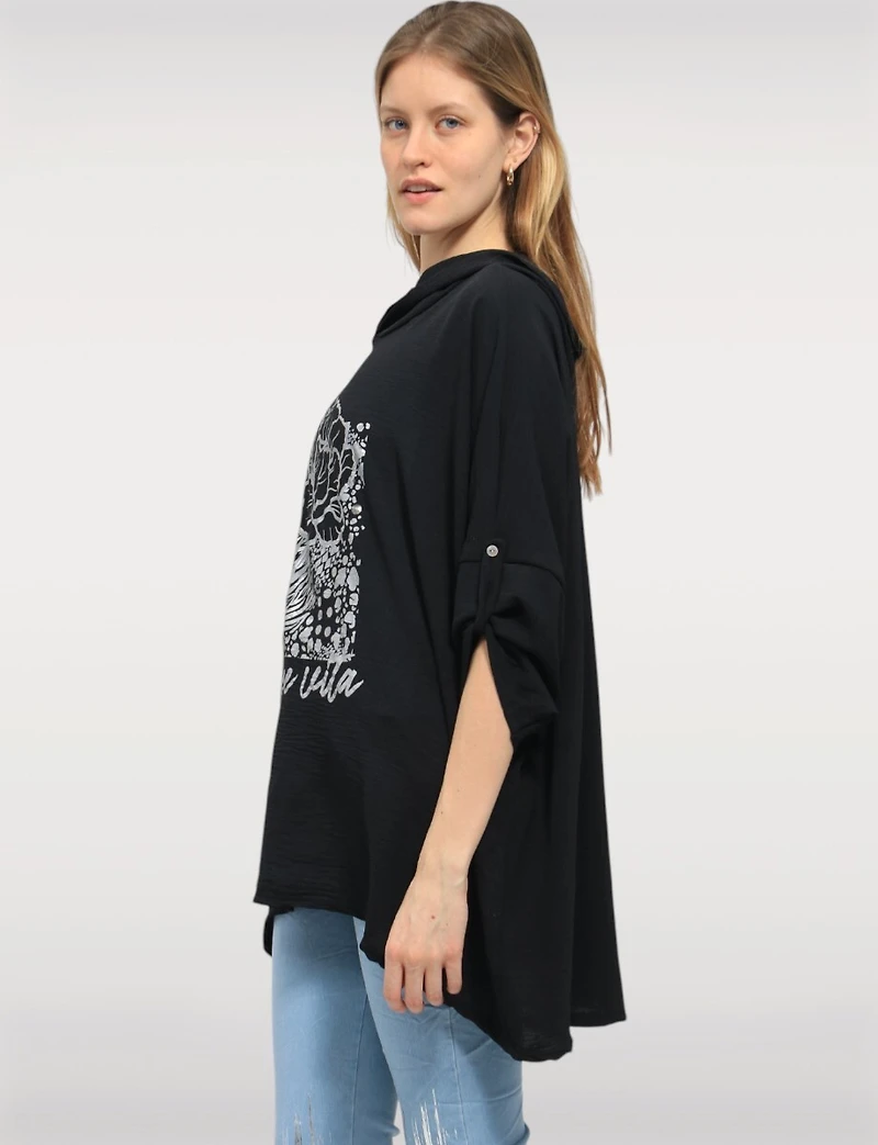 Flowy Hooded Floral Print High-Low Top with Roll-Up 3/4 Sleeves by Froccella