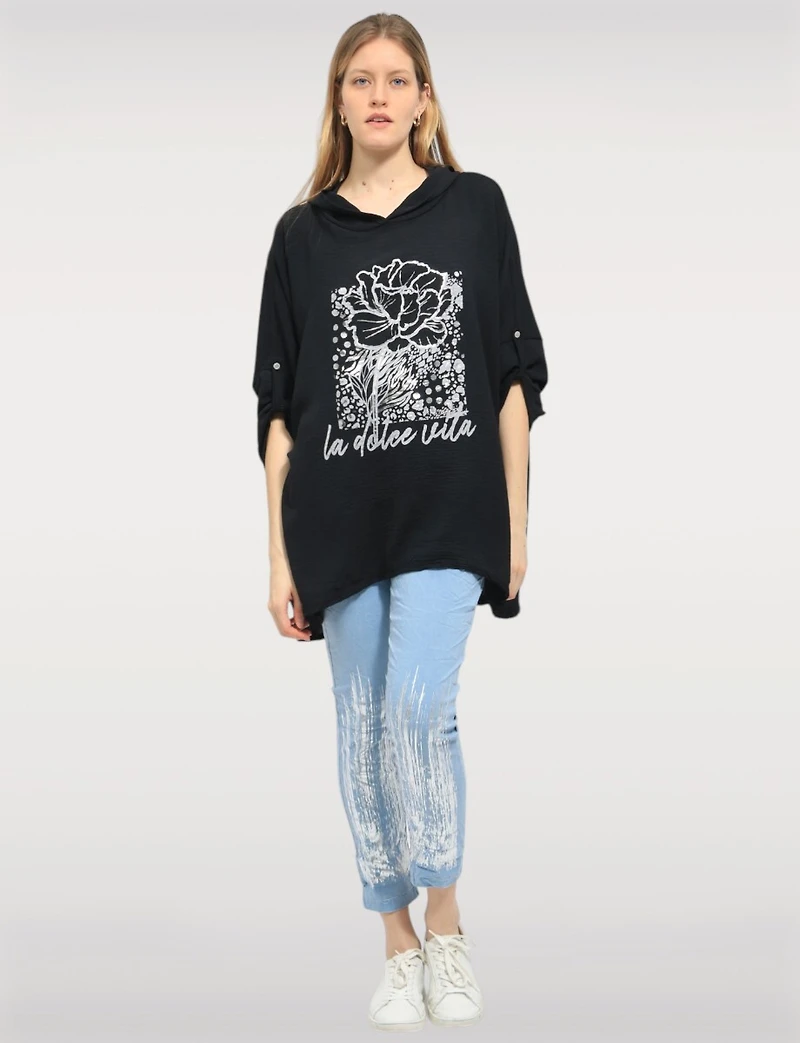 Flowy Hooded Floral Print High-Low Top with Roll-Up 3/4 Sleeves by Froccella