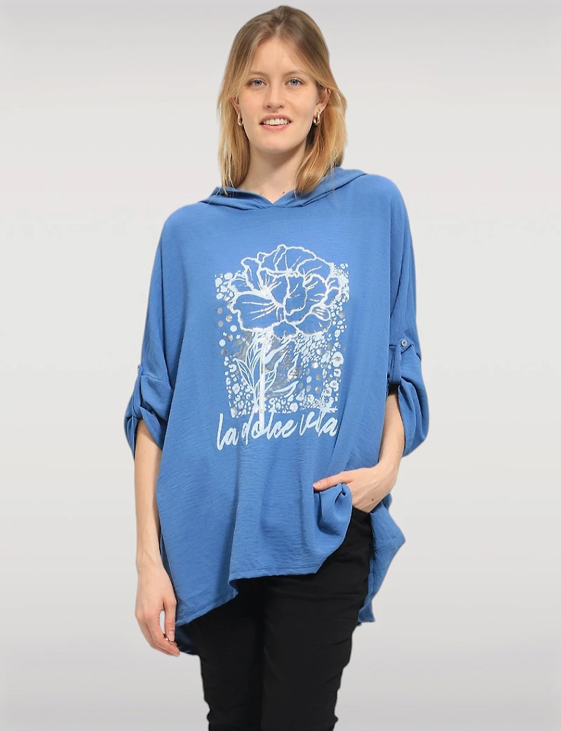 Flowy Hooded Floral Print High-Low Top with Roll-Up 3/4 Sleeves by Froccella