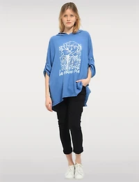 Flowy Hooded Floral Print High-Low Top with Roll-Up 3/4 Sleeves by Froccella