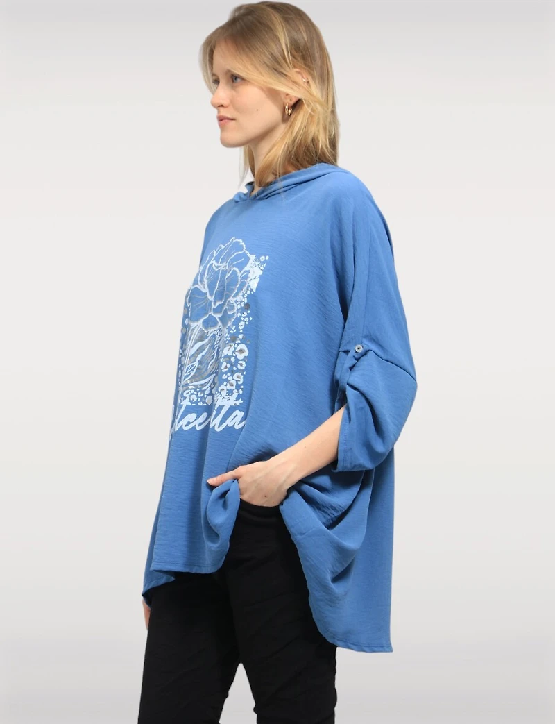 Flowy Hooded Floral Print High-Low Top with Roll-Up 3/4 Sleeves by Froccella