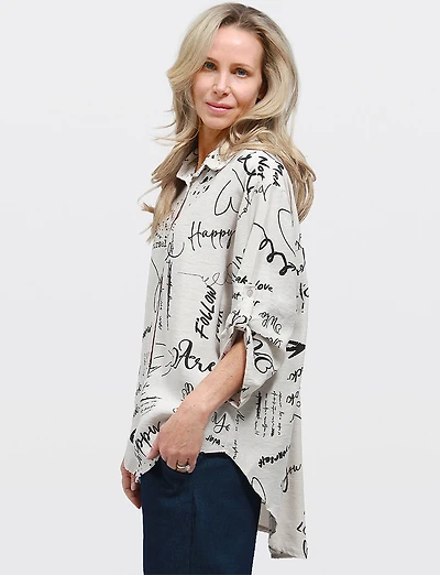 Elegant High-Low Button-Up Shirt with Abstract Script Design by Froccella