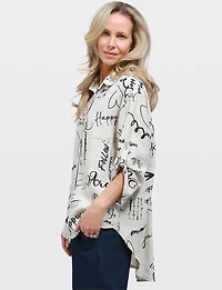 Elegant High-Low Button-Up Shirt with Abstract Script Design by Froccella
