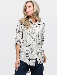 Elegant High-Low Button-Up Shirt with Abstract Script Design by Froccella