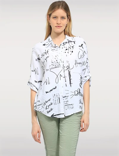 Elegant High-Low Button-Up Shirt with Abstract Script Design by Froccella