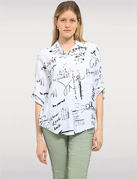 Elegant High-Low Button-Up Shirt with Abstract Script Design by Froccella