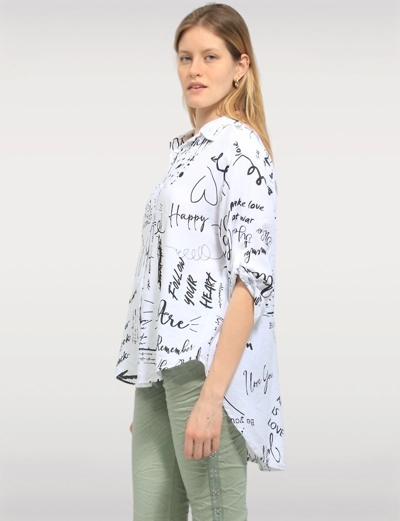 Elegant High-Low Button-Up Shirt with Abstract Script Design by Froccella