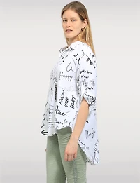 Elegant High-Low Button-Up Shirt with Abstract Script Design by Froccella