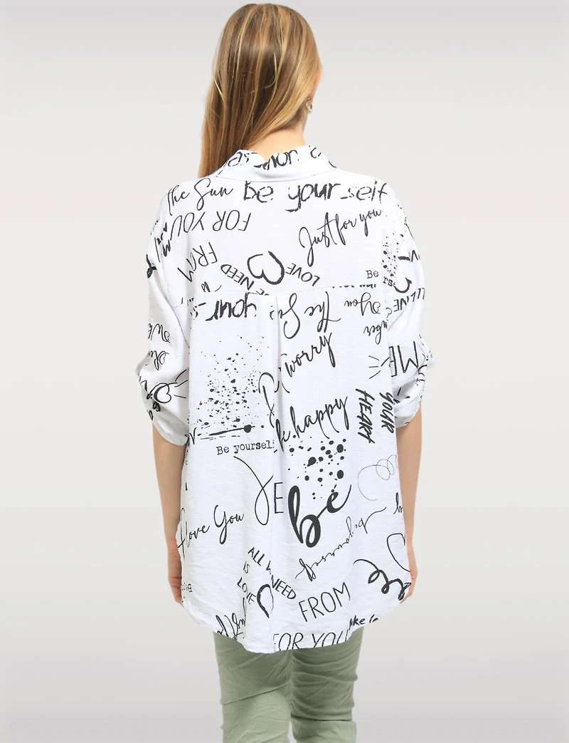 Elegant High-Low Button-Up Shirt with Abstract Script Design by Froccella