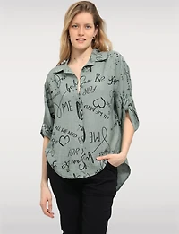 Elegant High-Low Button-Up Shirt with Abstract Script Design by Froccella