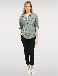 Elegant High-Low Button-Up Shirt with Abstract Script Design by Froccella