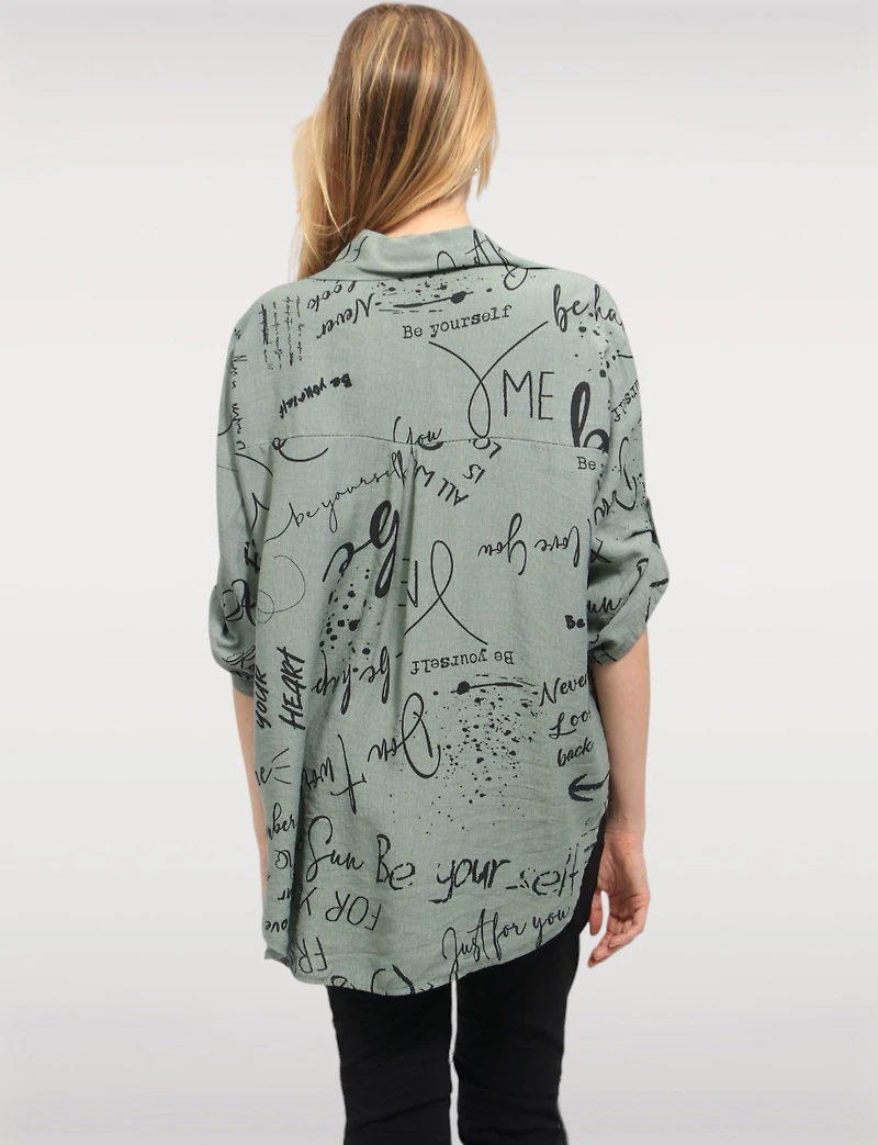 Elegant High-Low Button-Up Shirt with Abstract Script Design by Froccella