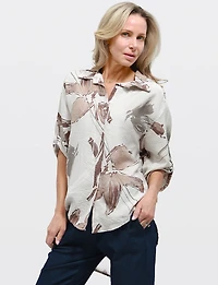 Relaxed-Fit Abstract Print 3/4-Sleeve Button-Up Top by Froccella