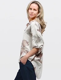 Relaxed-Fit Abstract Print 3/4-Sleeve Button-Up Top by Froccella