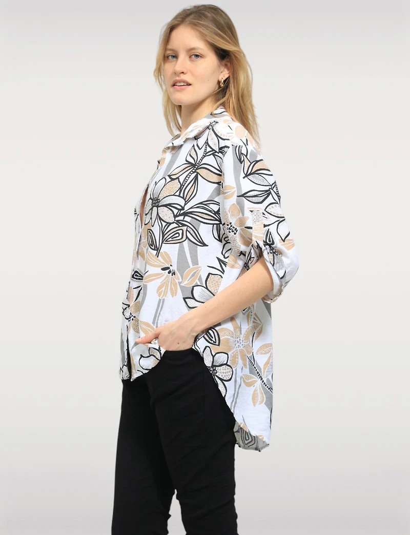 Elegant Floral Print 3/4-Sleeve Flowy Button-Up Blouse by Froccella