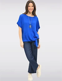 Textured Elegant Cape-sleeve Tie-front Top with Matching Necklace by Froccella