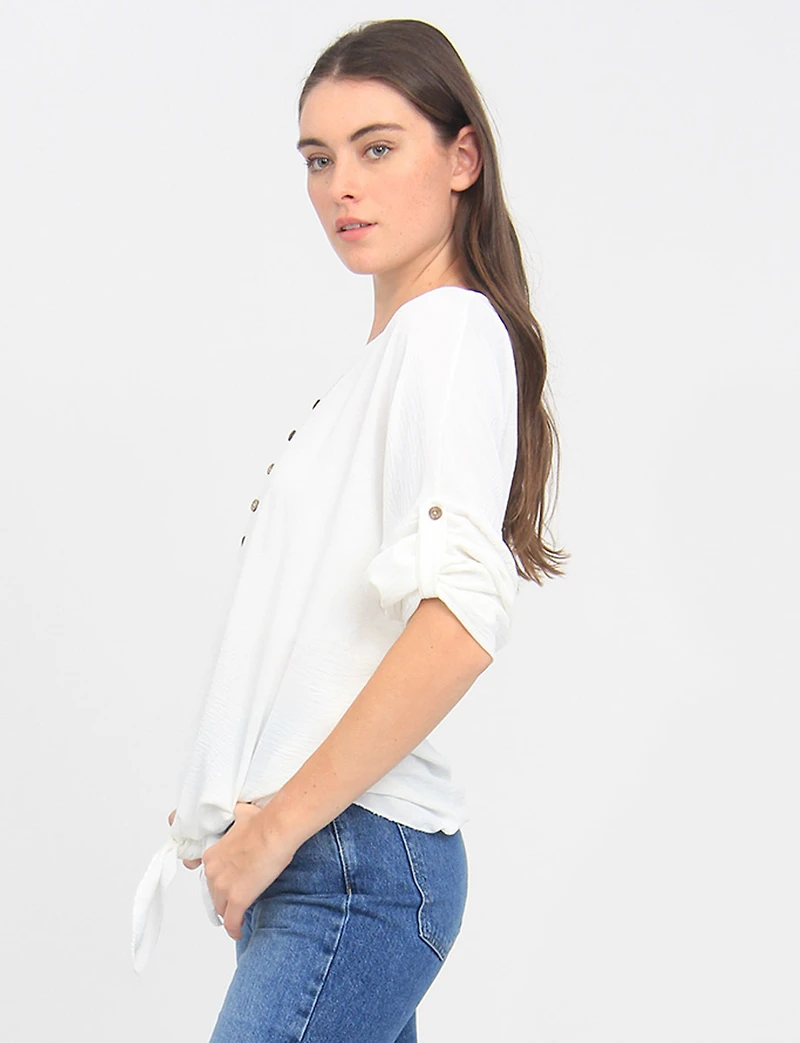 Crinkled Solid Button Down V-Neck Front Tie Blouse by Froccella