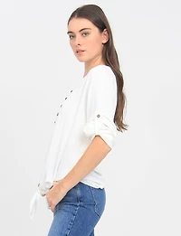 Crinkled Solid Button Down V-Neck Front Tie Blouse by Froccella