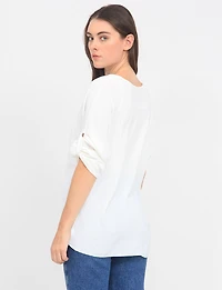 Crinkled Solid Button Down V-Neck Front Tie Blouse by Froccella