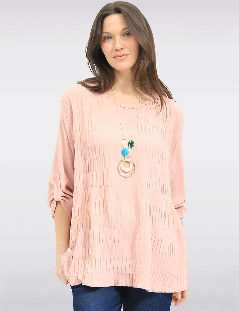 Chic Pleated-Front Top with Adjustable Sleeves & Matching Necklace by Froccella