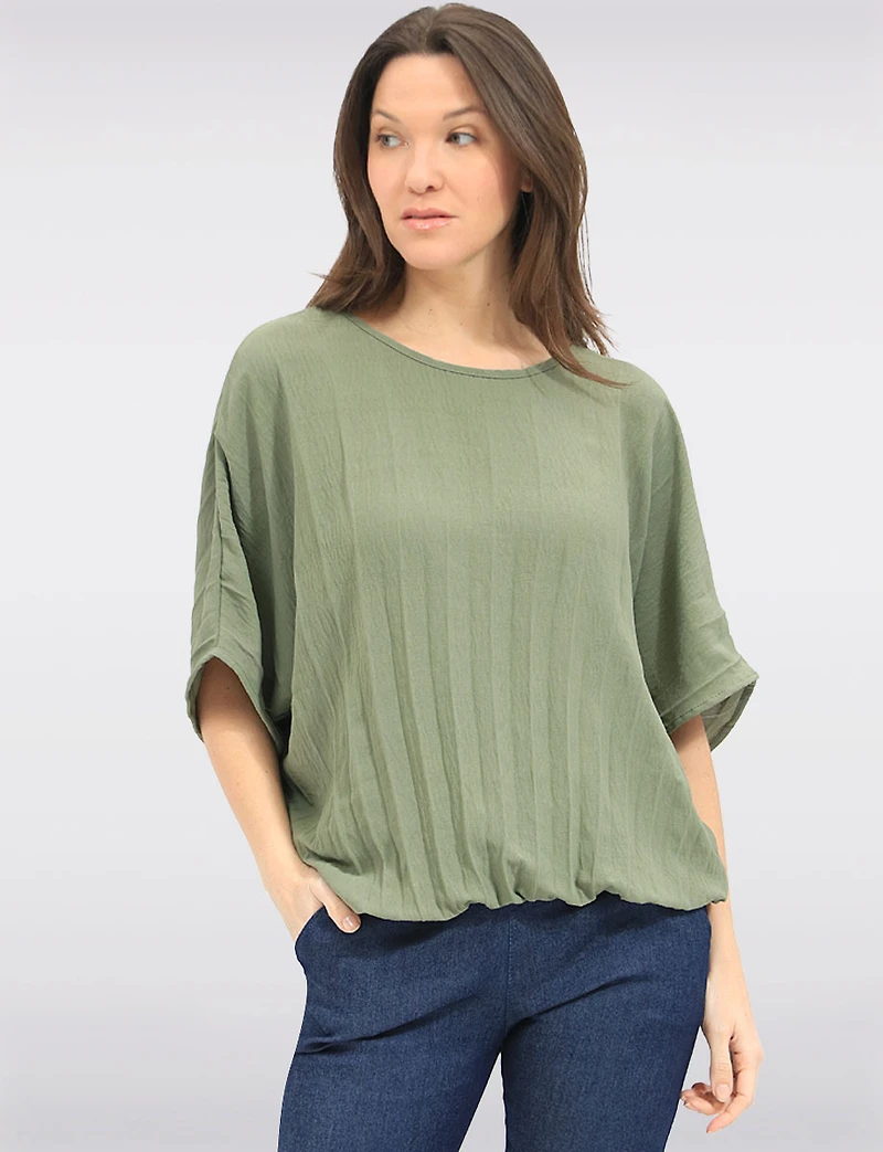 Elegant Lightweight Pleated Dolman Sleeve Top with Elastic Hem by Froccella