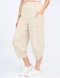 Elastic Waist Asymmetrical Hem Balloon Pant with Patch Pockets by Froccella