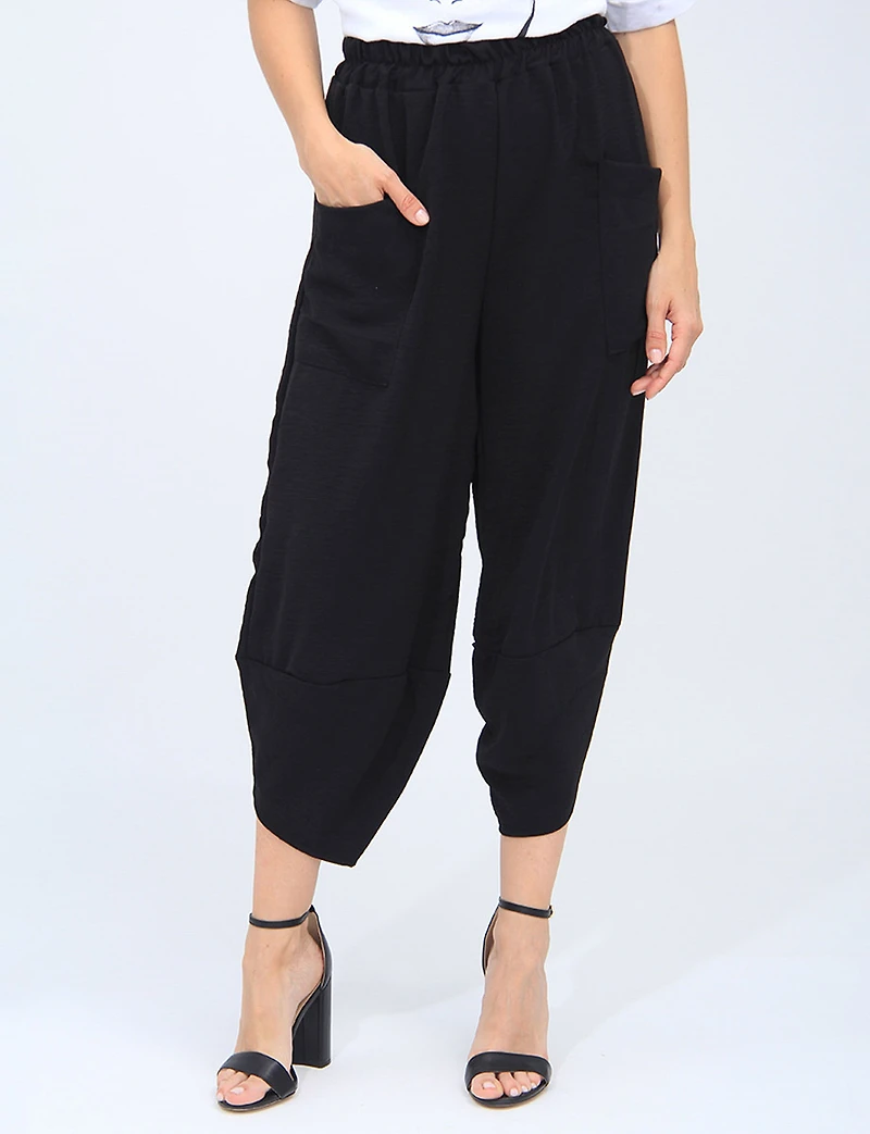 Elastic Waist Asymmetrical Hem Balloon Pant with Patch Pockets by Froccella