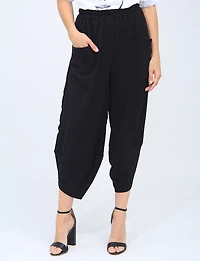 Elastic Waist Asymmetrical Hem Balloon Pant with Patch Pockets by Froccella