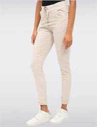 Crinkled Solid Stretch Slim Fit Drawstring Waist Pants by Froccella