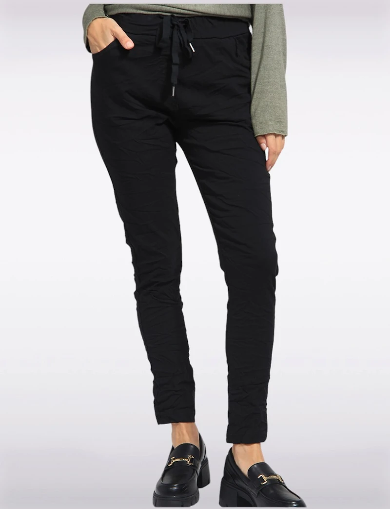 Crinkled Solid Stretch Slim Fit Drawstring Waist Pants by Froccella