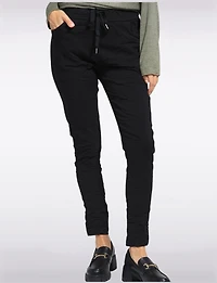 Crinkled Solid Stretch Slim Fit Drawstring Waist Pants by Froccella