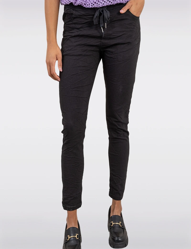 Crinkled Solid Stretch Slim Fit Drawstring Waist Pants by Froccella