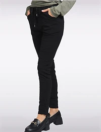 Crinkled Solid Stretch Slim Fit Drawstring Waist Pants by Froccella