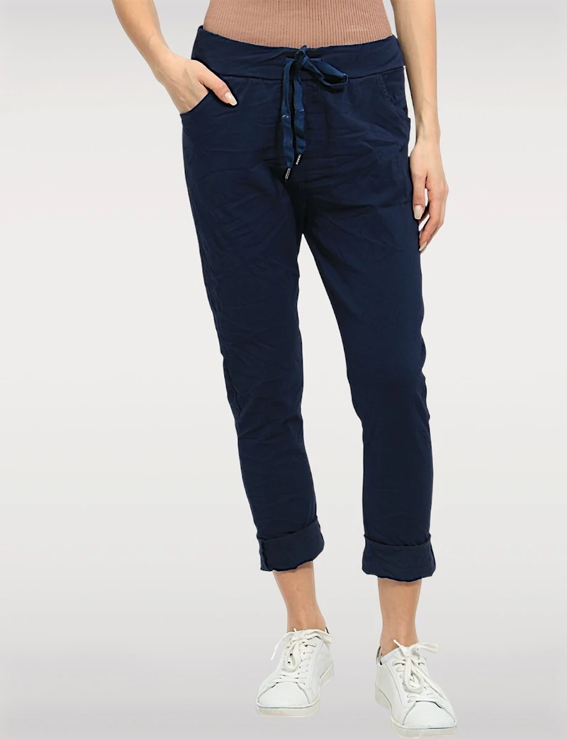 Crinkled Solid Stretch Slim Fit Drawstring Waist Pants by Froccella
