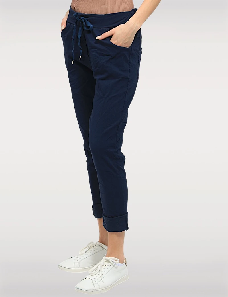 Crinkled Solid Stretch Slim Fit Drawstring Waist Pants by Froccella