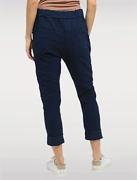 Crinkled Solid Stretch Slim Fit Drawstring Waist Pants by Froccella