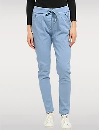 Crinkled Solid Stretch Slim Fit Drawstring Waist Pants by Froccella