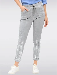 Slim Fit Crinkled Adjustable Waistband Pants with Foil Cuff Accents by Froccella