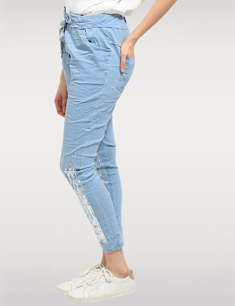 Slim Fit Crinkled Adjustable Waistband Pants with Foil Cuff Accents by Froccella