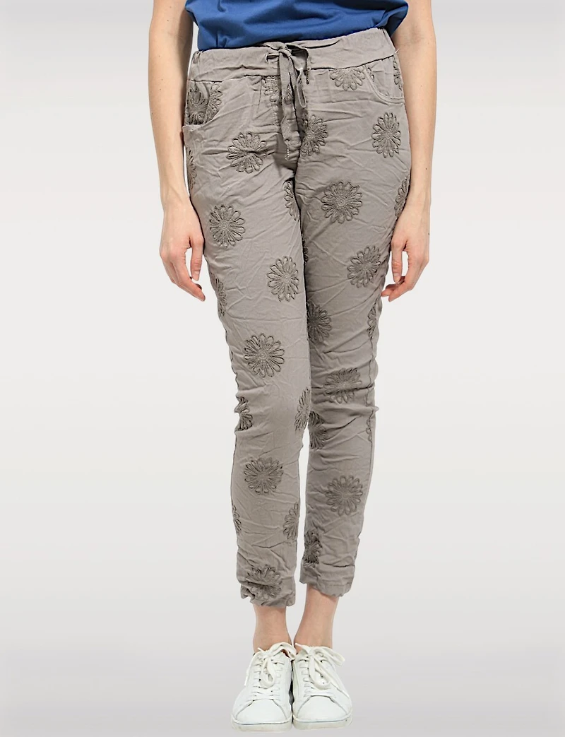 Slim Fit Chic Crinkled Pull-On Pants with Embroidered Front Detail by Froccella