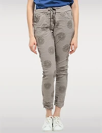 Slim Fit Chic Crinkled Pull-On Pants with Embroidered Front Detail by Froccella