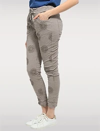 Slim Fit Chic Crinkled Pull-On Pants with Embroidered Front Detail by Froccella