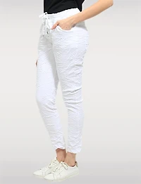 Slim Fit Chic Crinkled Pull-On Pants with Embroidered Front Detail by Froccella