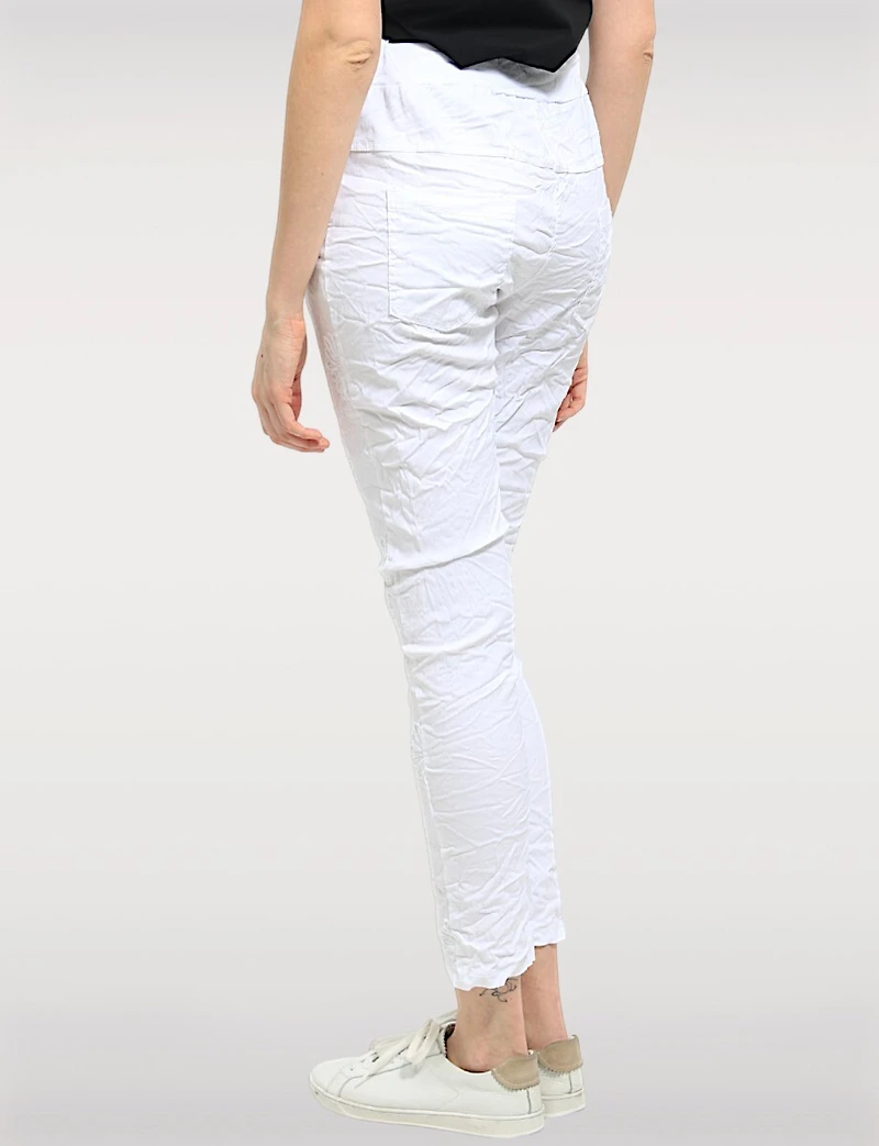 Slim Fit Chic Crinkled Pull-On Pants with Embroidered Front Detail by Froccella