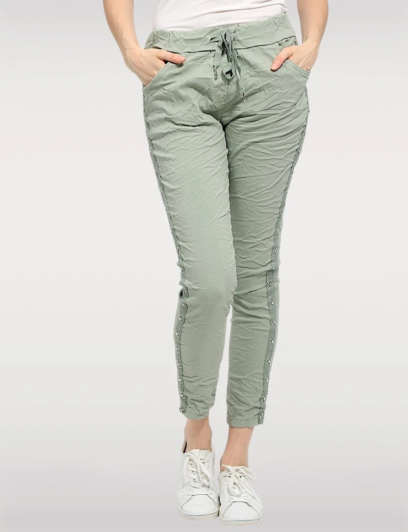 Slim-Fit Crinkled Stretch Pants with Stud Detail & Drawstring Waist by Froccella