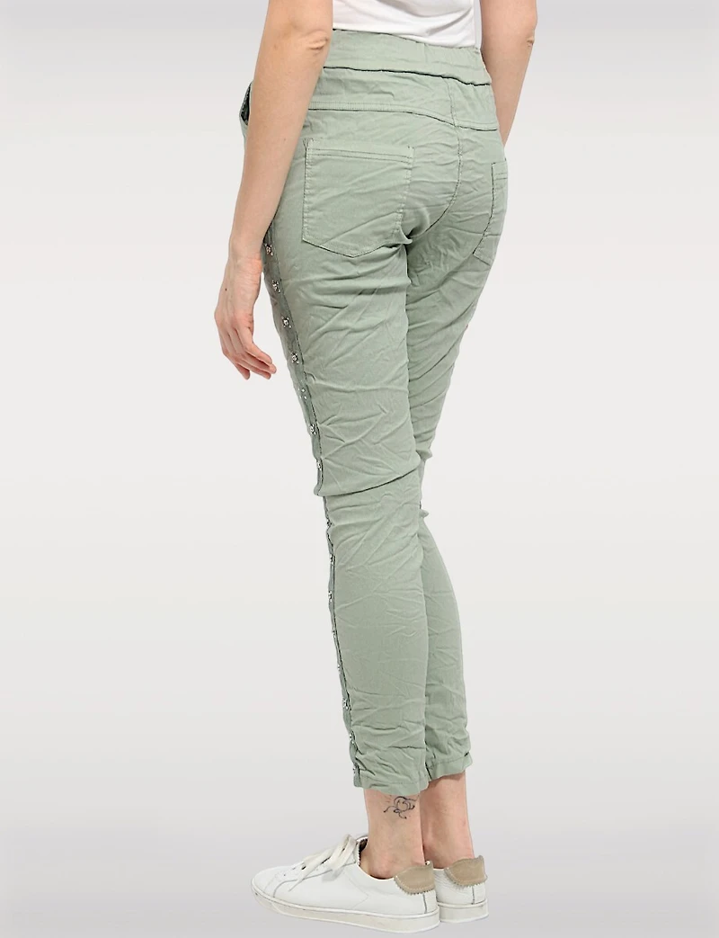 Slim-Fit Crinkled Stretch Pants with Stud Detail & Drawstring Waist by Froccella