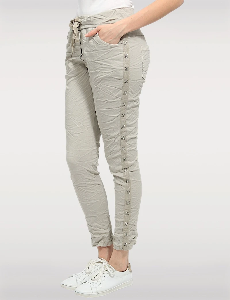 Slim-Fit Crinkled Stretch Pants with Stud Detail & Drawstring Waist by Froccella