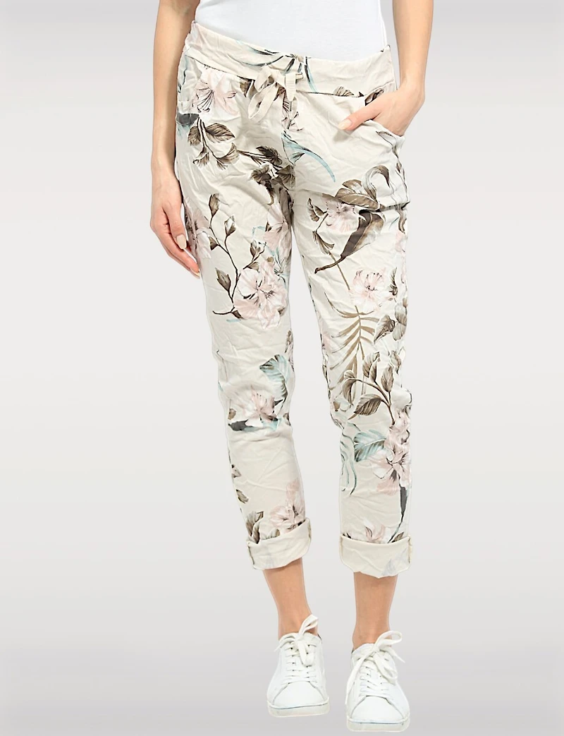 Crinkled Beige Floral Print Stretch Slim Fit Pull-on Pants by Froccella